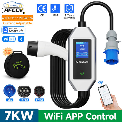 Power Up Your Drive: 7KW 32A Portable EV Charger with Smart WiFi Control for Type2/Type1 Electric Vehicles