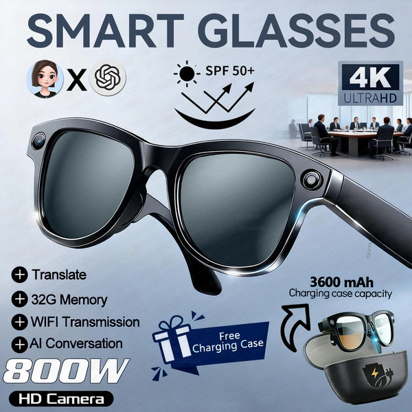 New 800W 4K HD Camera Smart Glasses Men 3600Mah Power Bank 100+ Languages Translation Recording Videos Music Player Call Glasses