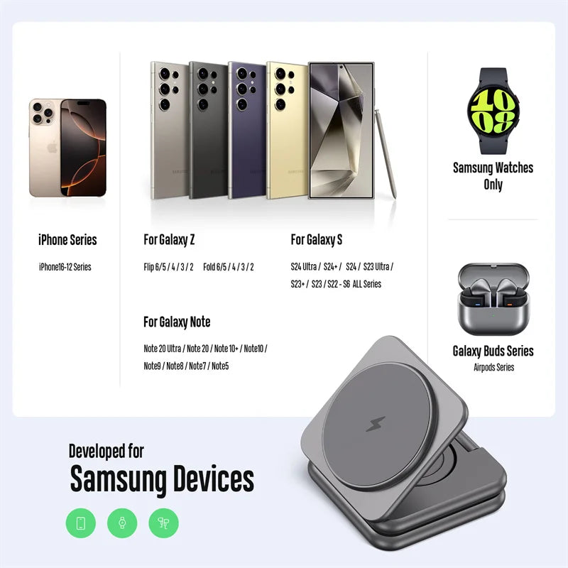 KUXIU Wireless Charger for  Galaxy 25 24 23 22 21 Ect Series  Watch 8 7 6 5/Buds 3 2 ,Metal Foldable Phone Holder
