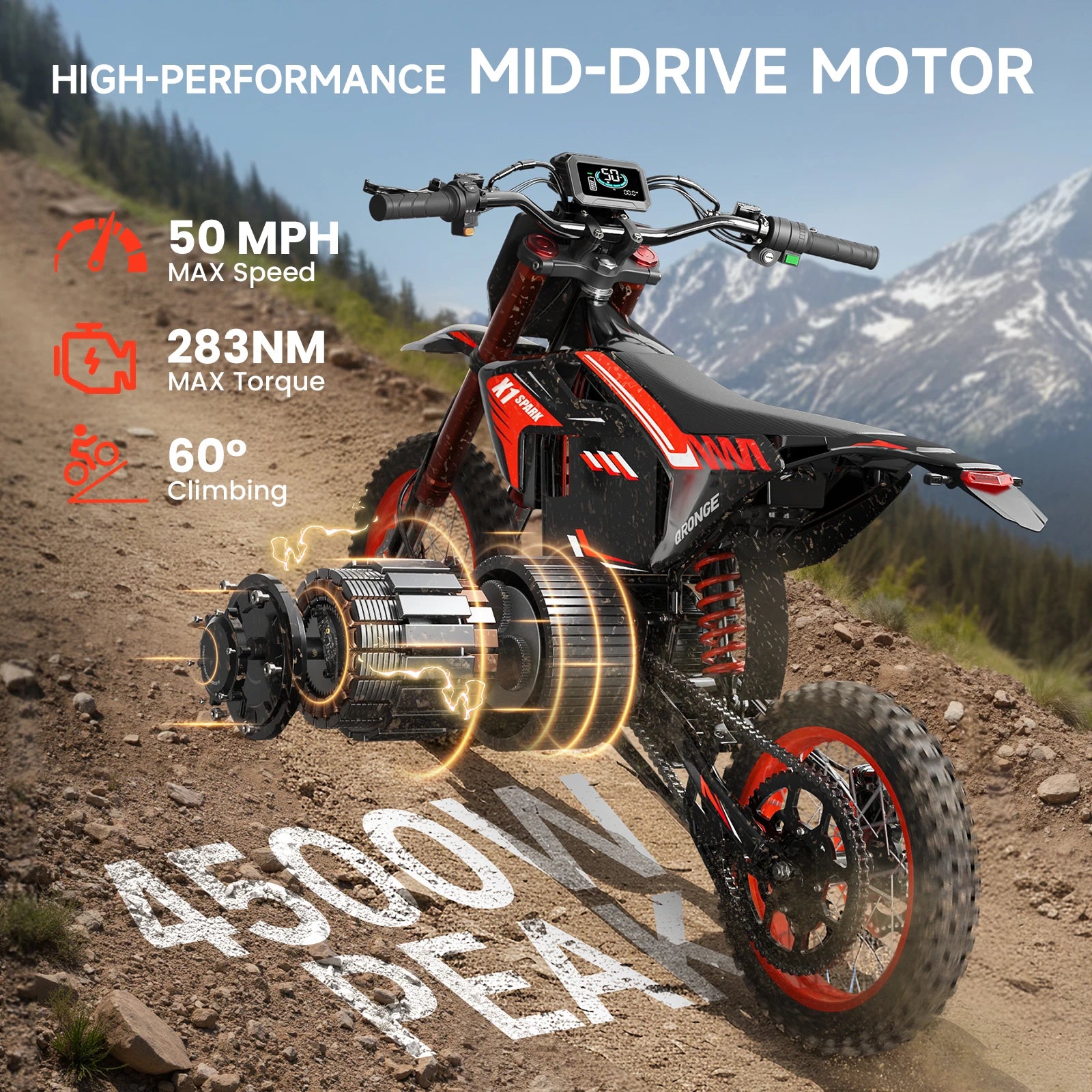 X1 Spark Electric Dirt Bike 4500W Peak 60V 28.8Ah 50MPH Electric Motorcycle 14/12" Fat Tire Mountain Off-Road E-Bike