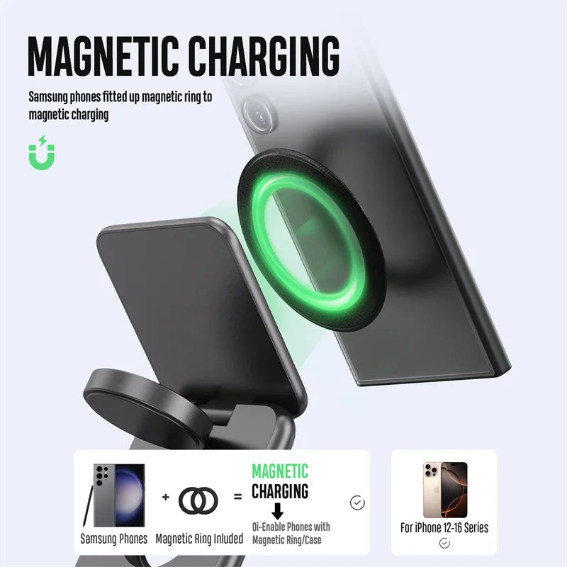 KUXIU Wireless Charger for  Galaxy 25 24 23 22 21 Ect Series  Watch 8 7 6 5/Buds 3 2 ,Metal Foldable Phone Holder