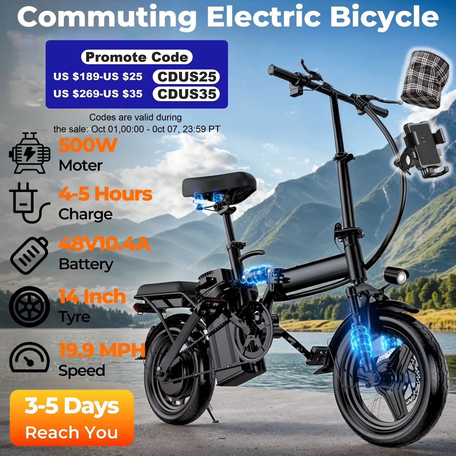 500W Adult Electric Bike, 20 MPH, 48V 10.4Ah Removable Battery, 14 Inch Folding Electric Bike, Multi-Shock Absorption