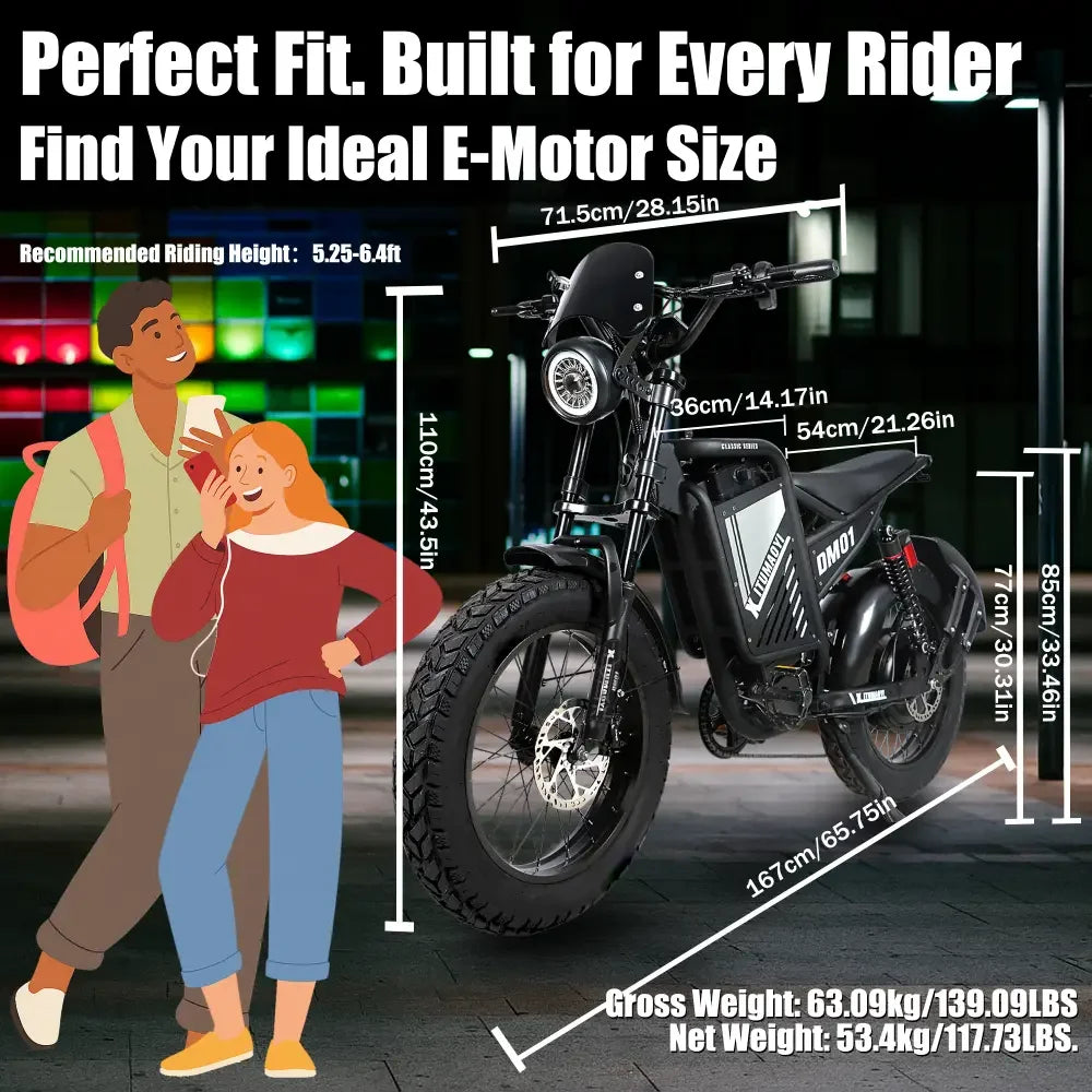 DM01 Moto Electric Bicycle 60V 30AH Battery 42 MPH Electric Bike E-Bike Adult for Electric Motorcycle【1 Year Warranty】