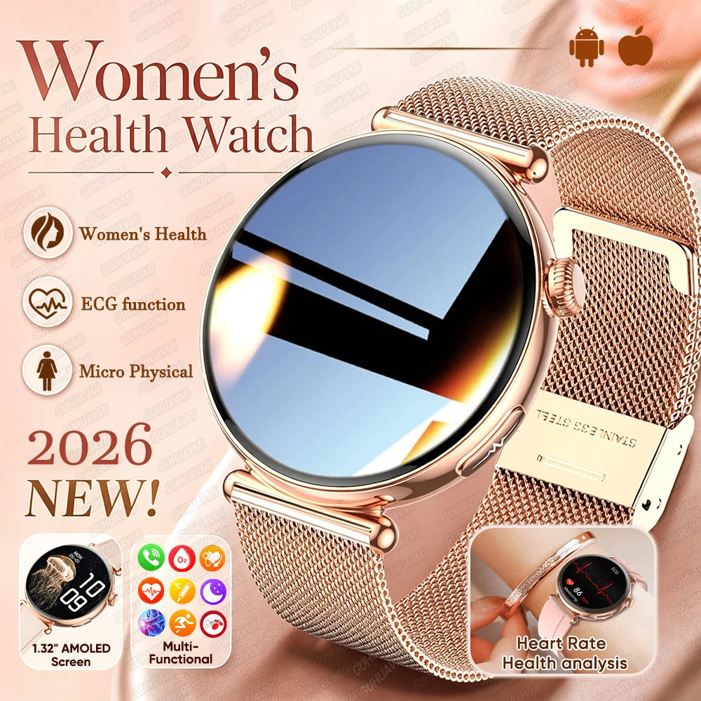 2026 New Women Health Smartwatch 1.32-Inch AMOLED Screen ECG Blood Pressure Body Fat Heart Rate Bluetooth Call Ladies Smartwatch
