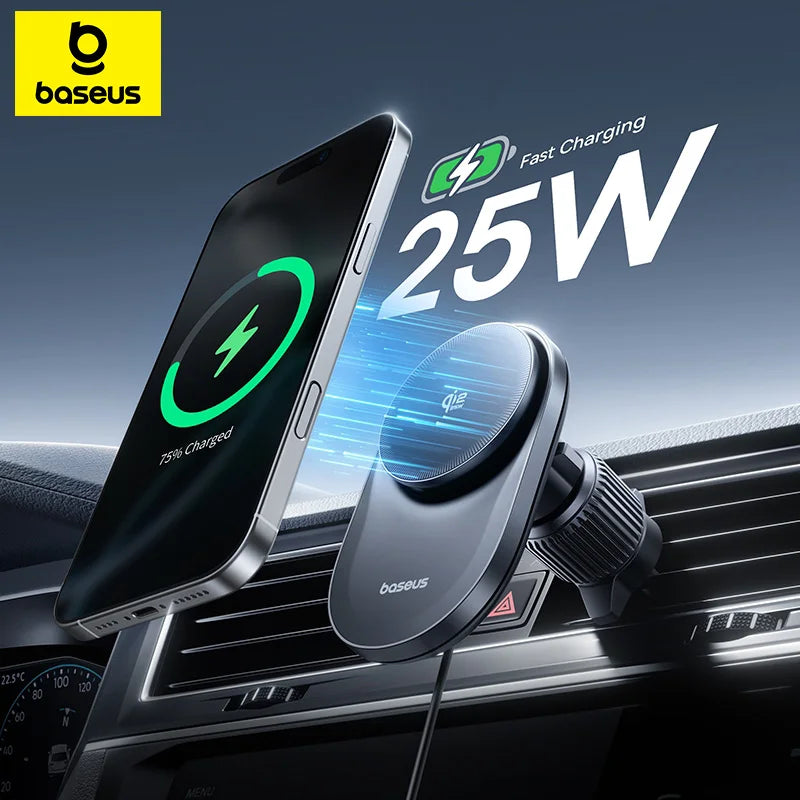 Baseus Qi2.2 25W Car Magnetic Wireless Charger for Iphone 17 16 15 Fast Charging for Samsung Xiaomi Car Phone Holder Cooling Fan