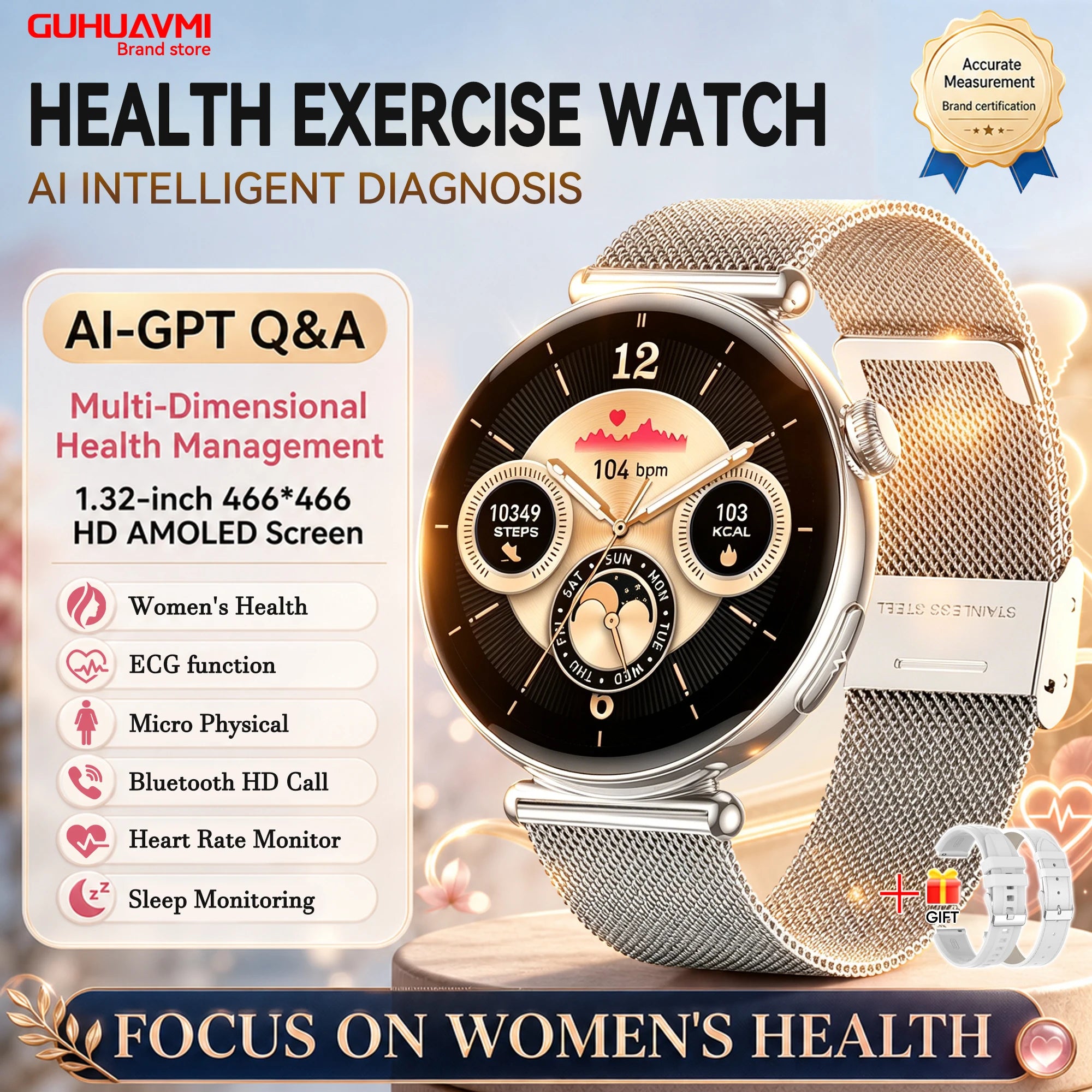 2026 New Women Health Smartwatch 1.32-Inch AMOLED Screen ECG Blood Pressure Body Fat Heart Rate Bluetooth Call Ladies Smartwatch
