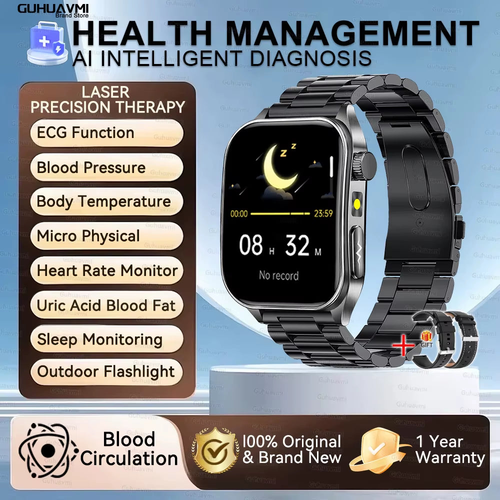2026 New Health Smart Watch Laser Therapy Reduce Three Highs Blood Oxygen Pressure Uric Acid Blood Lipid ECG Smartwatch for Man