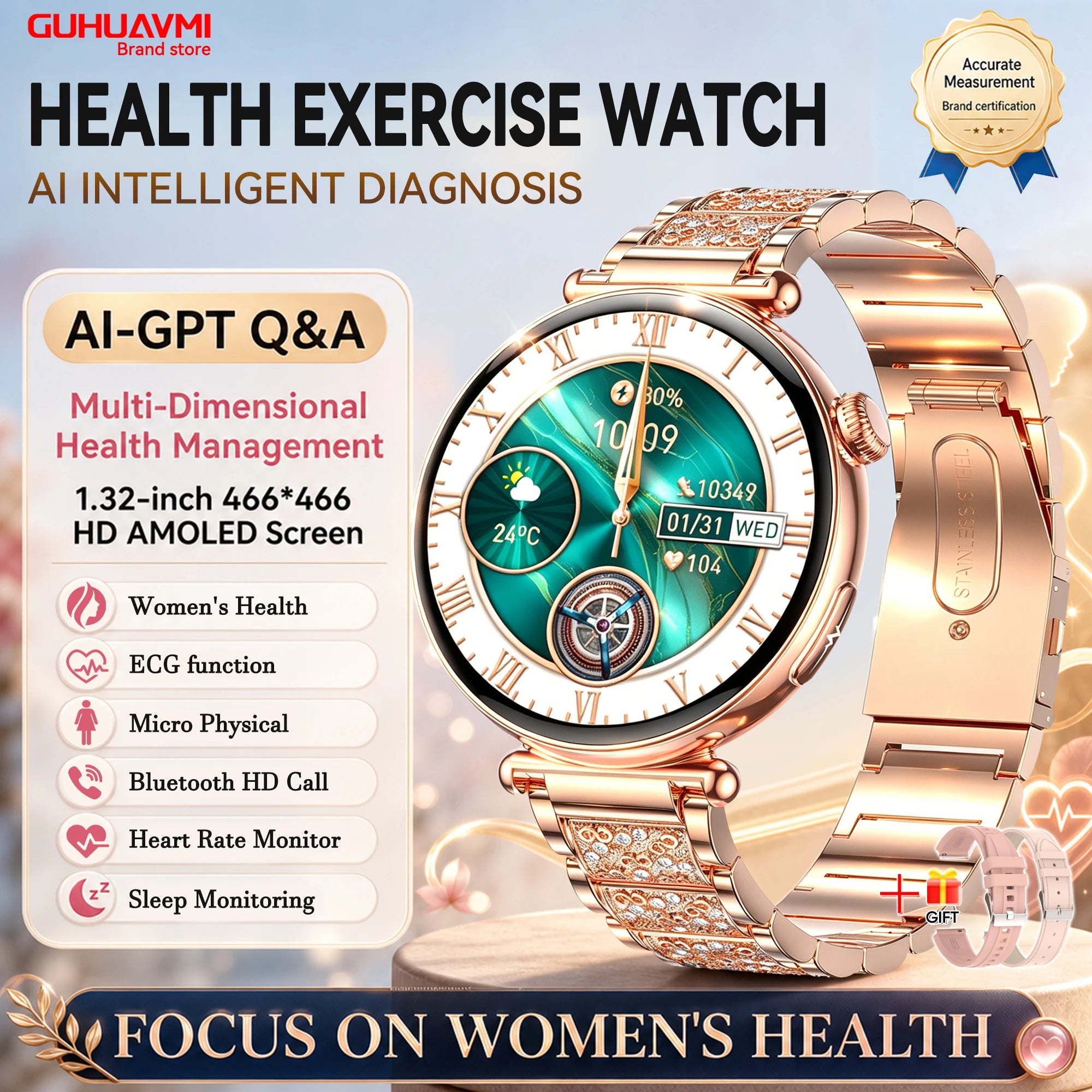 2026 New Women Health Smartwatch 1.32-Inch AMOLED Screen ECG Blood Pressure Body Fat Heart Rate Bluetooth Call Ladies Smartwatch