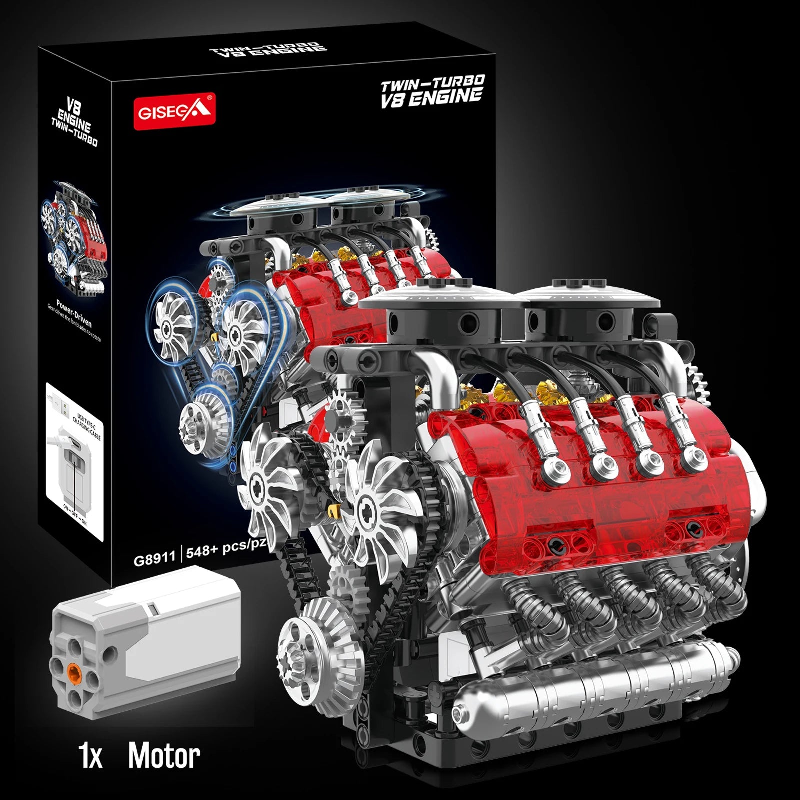 G8911 548Pcs Twin-Turbo Engine Motorized Simulation V8 Engine Model Kit Small Particle Assembly Building Blocks DIY Toys Gift