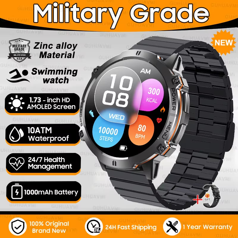New Military T-Rex3 1000Mah Battery Smartwatch Men 10ATM Waterproof GPS Compass 1.73-Inch AMOLED Screen Call Sports Smartwatches