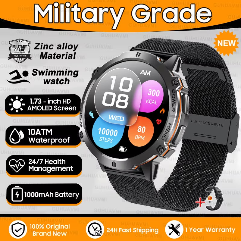 New Military T-Rex3 1000Mah Battery Smartwatch Men 10ATM Waterproof GPS Compass 1.73-Inch AMOLED Screen Call Sports Smartwatches