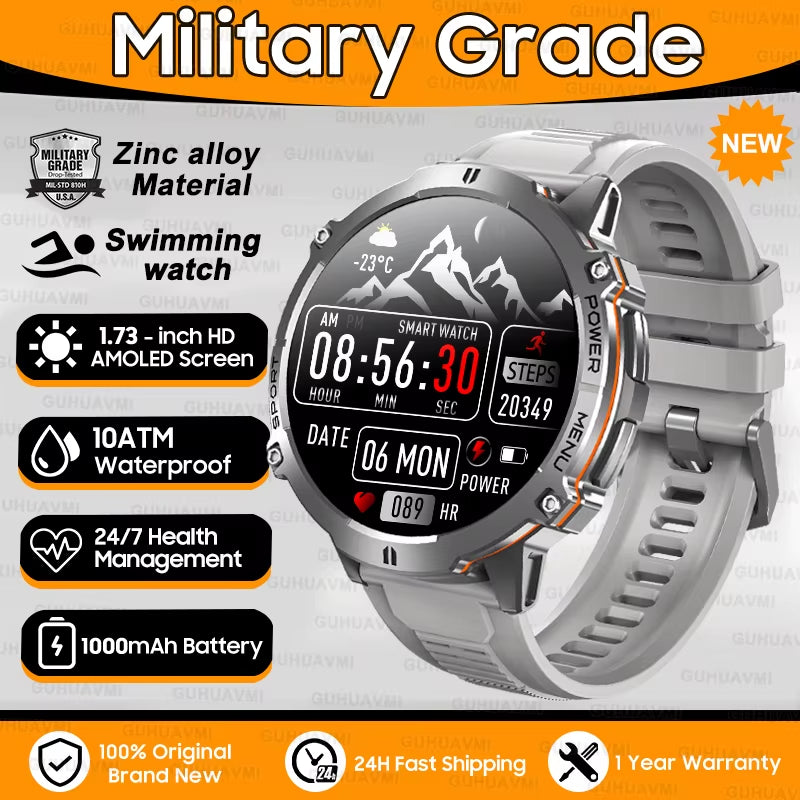 New Military T-Rex3 1000Mah Battery Smartwatch Men 10ATM Waterproof GPS Compass 1.73-Inch AMOLED Screen Call Sports Smartwatches