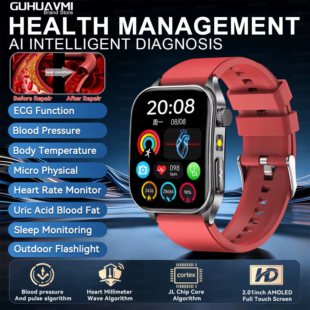 2026 New 650Nm Laser Therapy Health Smartwatch Men ECG Blood Pressure Lipid Uric Acid Bluetooth Call Smart Watch for Android IOS