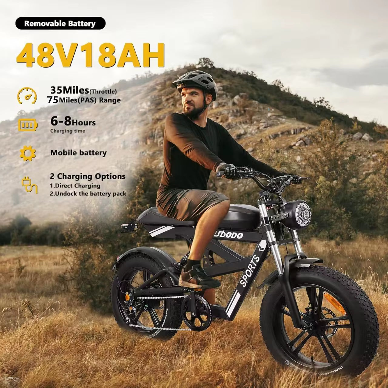 Electric Bike for Adults,1500W Peak,35Mph,48V 816Wh Battery,Max 75Miles Electric Motorcycle,20'' Fat Tire Dirt Bike,7-Speed Bike
