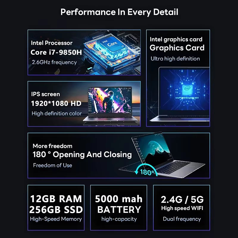 2026 Portable Laptop Windows 11  Core I7 9850H Laptops PC 12GB RAM 1TB 2TB SSD Ultra Slim Notebook 4K Office Study Computer