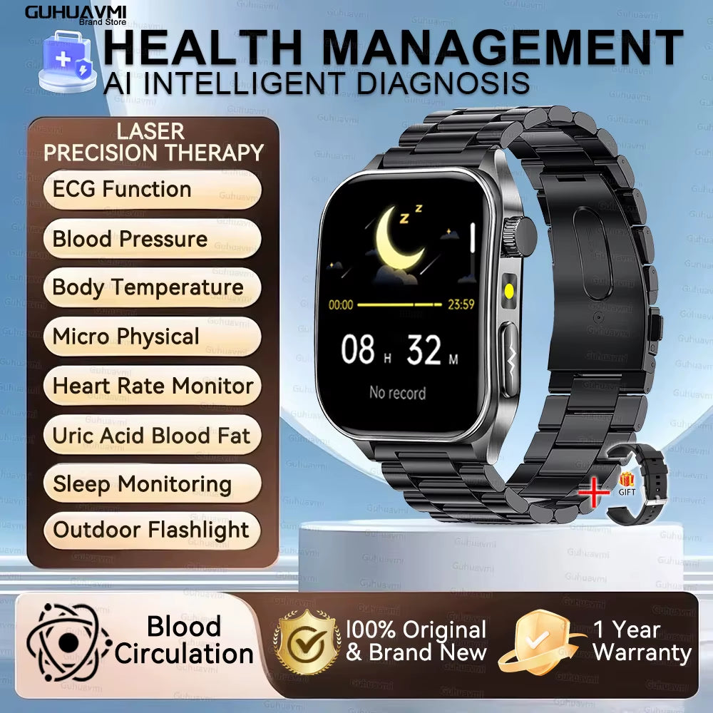 2026 New Health Smart Watch Laser Therapy Reduce Three Highs Blood Oxygen Pressure Uric Acid Blood Lipid ECG Smartwatch for Man