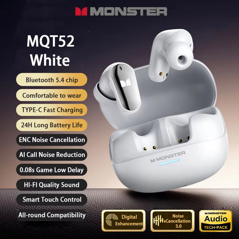 Choice  New MQT52 TWS Wireless Bluetooth 5.4 Headset HIFI Stereo Gaming Music Earphones Talking Noise Canceling Earbuds