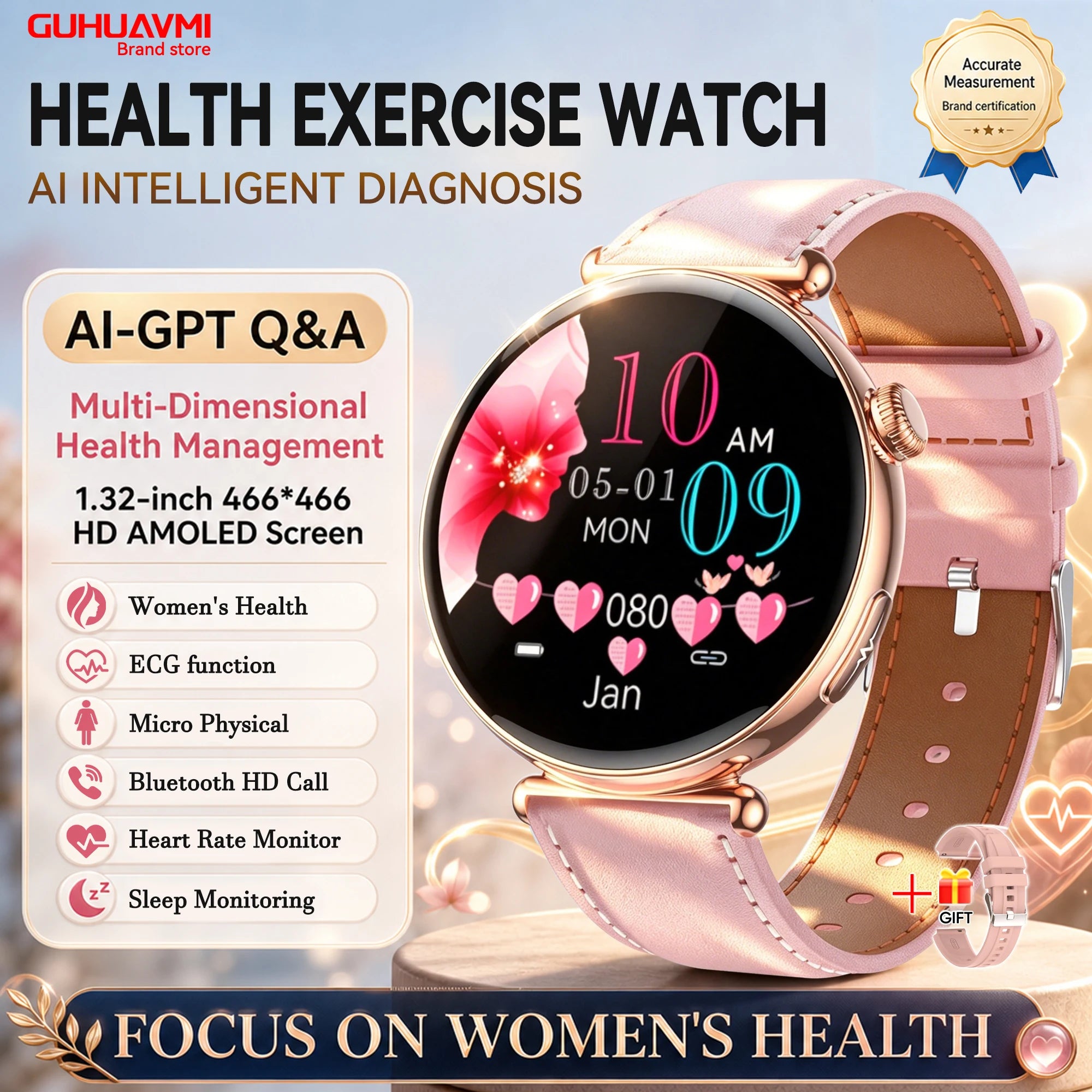 2026 New Women Health Smartwatch 1.32-Inch AMOLED Screen ECG Blood Pressure Body Fat Heart Rate Bluetooth Call Ladies Smartwatch