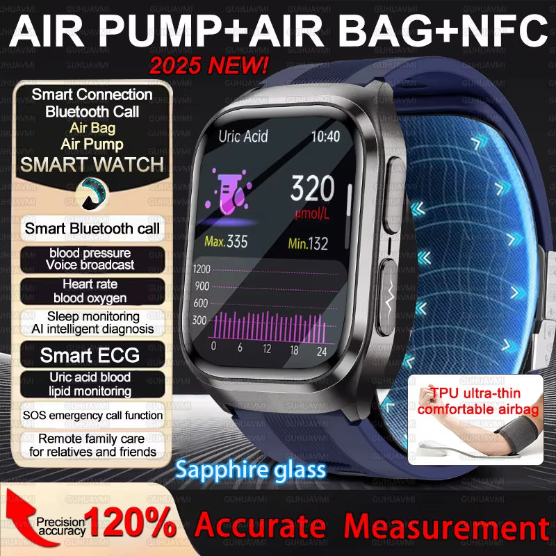 2025 New Nursing Grade Air Bag Smart Watch Men Blood Fat ECG+PPG Blood Pressure Broadcast NFC HD BT Call Health Smartwatch Woman