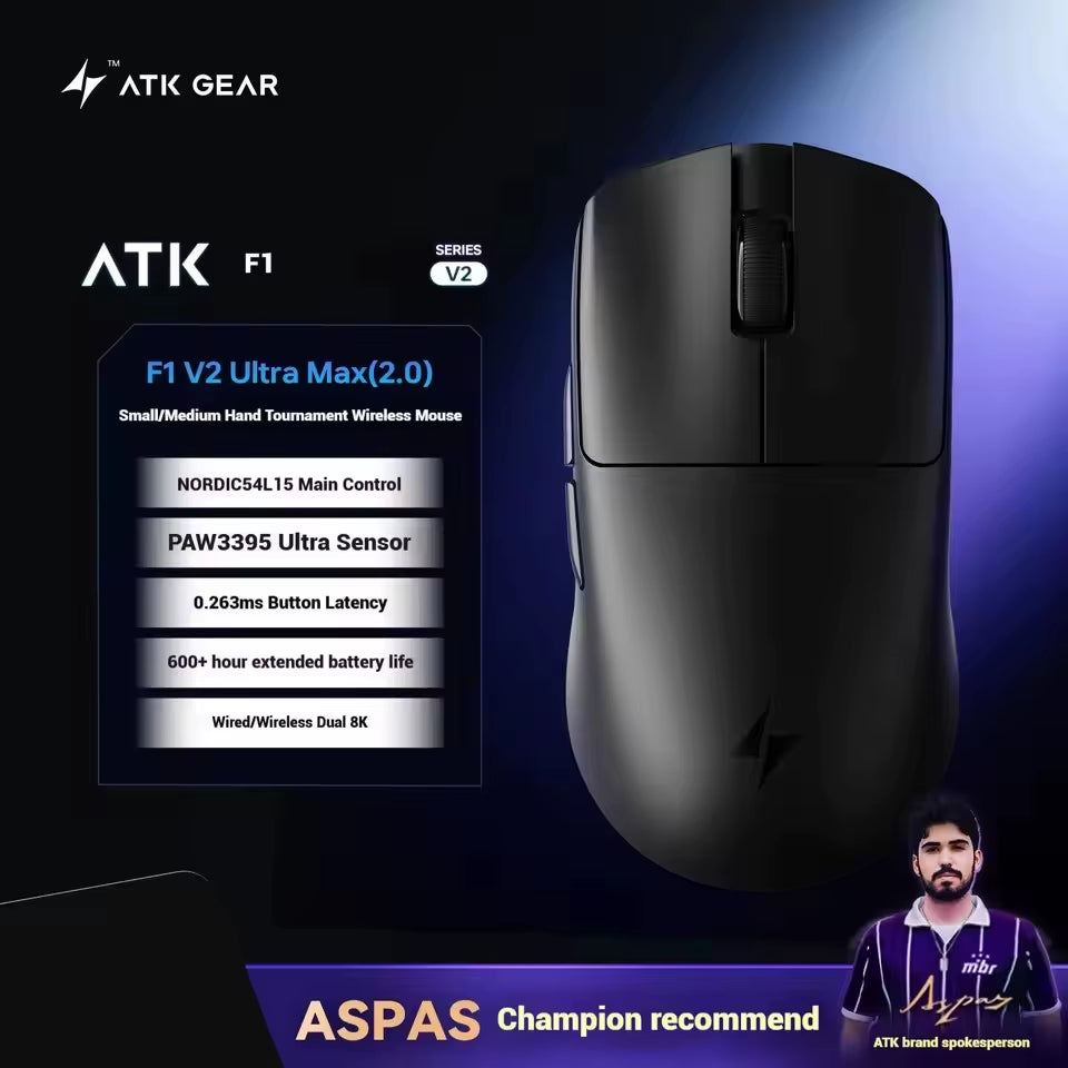 ATK Blazing Sky F1 V2 Ultra Max Wireless Gaming Mouse Dual-Mode Lightweight Paw3950Ultra Dual 8K Low Latency Ergonomic Extreme