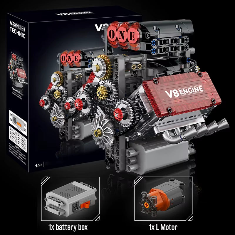 Brick V8 Engine Motorized Simulation Model Electrically Drive Building Blocks Technical Car Parts Creative Toys Gifts Boys Adult