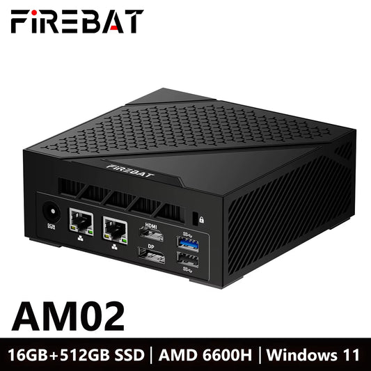 FIREBET AM02 Mini PC 6600H CPU 6C/12T MAX 4.5Ghz 16GB LPDDR5 RAM 512GB SSD Windows 11 Desktop 2*RJ45 WIFI6 BT5.2 Gaming Computer