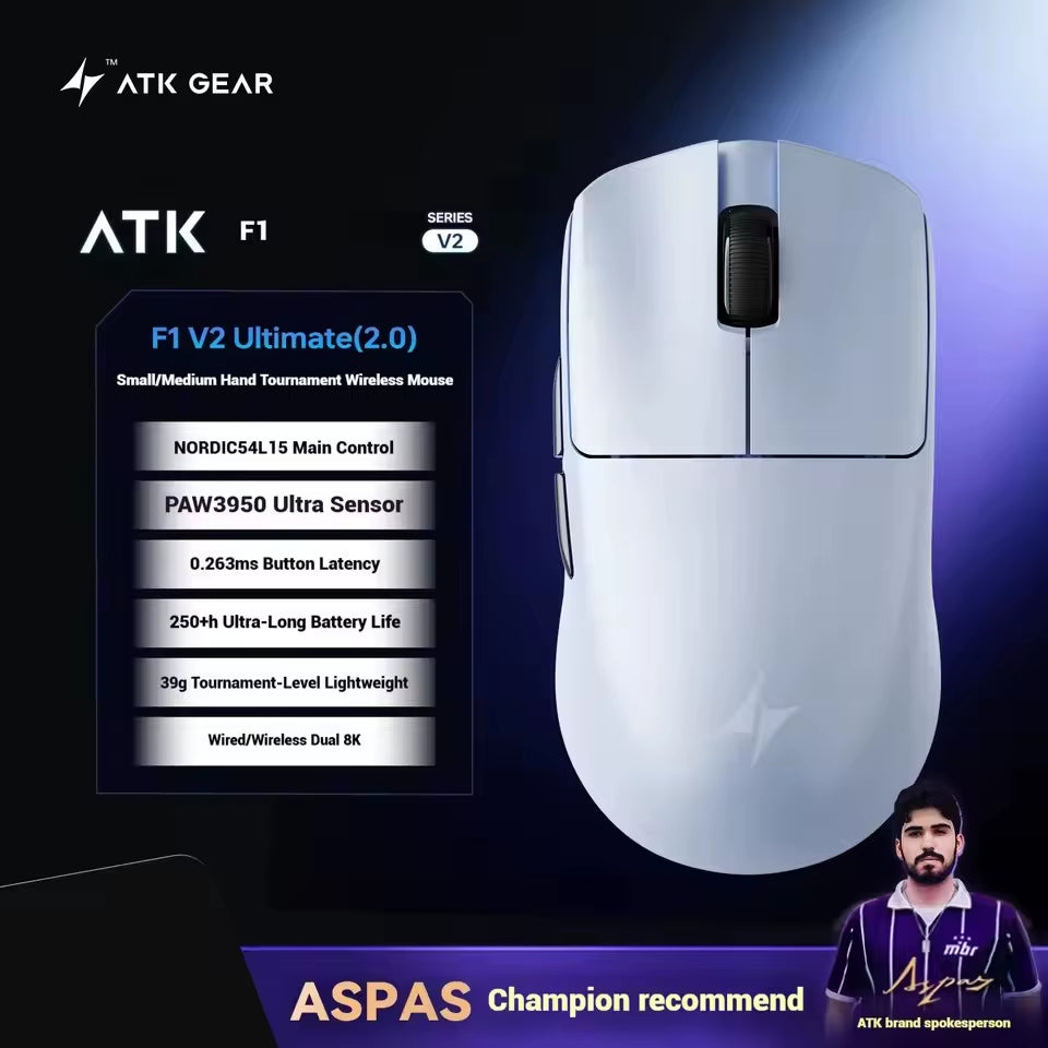 ATK Blazing Sky F1 V2 Ultra Max Wireless Gaming Mouse Dual-Mode Lightweight Paw3950Ultra Dual 8K Low Latency Ergonomic Extreme