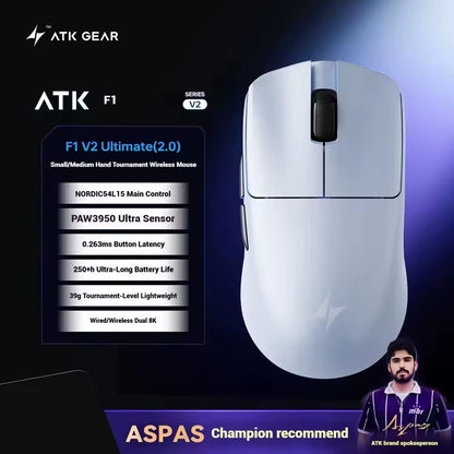 ATK Blazing Sky F1 V2 Ultra Max Wireless Gaming Mouse Dual-Mode Lightweight Paw3950Ultra Dual 8K Low Latency Ergonomic Extreme