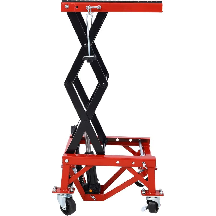 300 LBS Hydraulic Motorcycle Lift Jack Table Heavy-Duty Foot-Operated Scissor Lift with Wide Deck and J-Hooks for ATV and Dirt