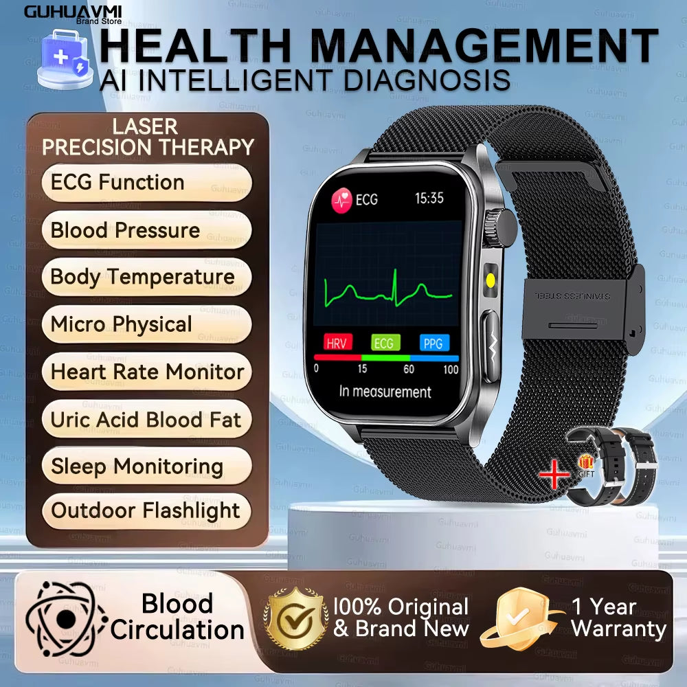2026 New Health Smart Watch Laser Therapy Reduce Three Highs Blood Oxygen Pressure Uric Acid Blood Lipid ECG Smartwatch for Man