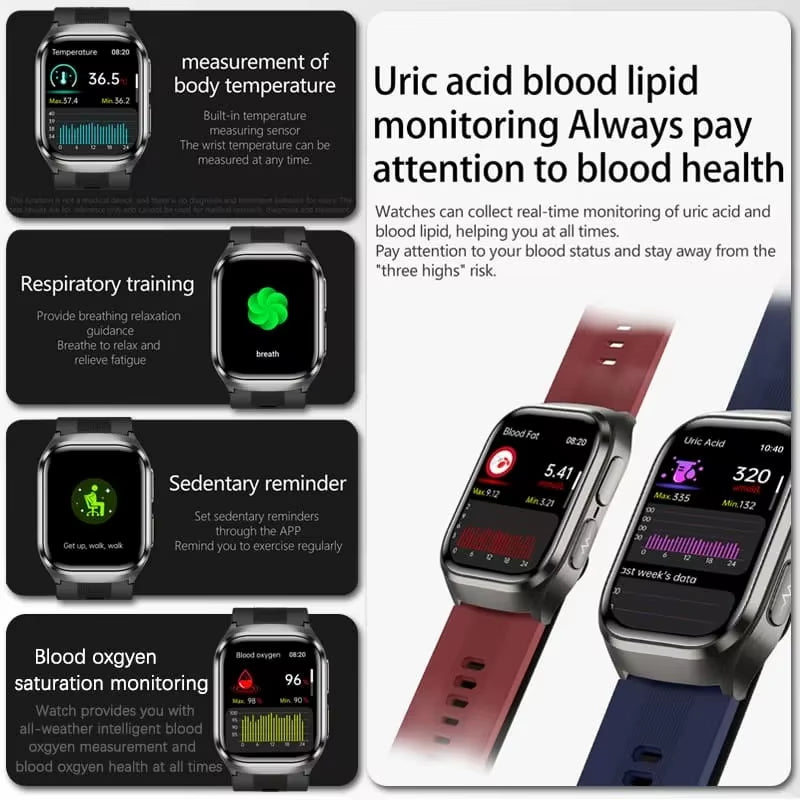 2026 New Health Monitor Smart Watch Blood Pressure Lipid Uric Acid ECG NFC Body Temperature Bluetooth Call Health Smartwatch