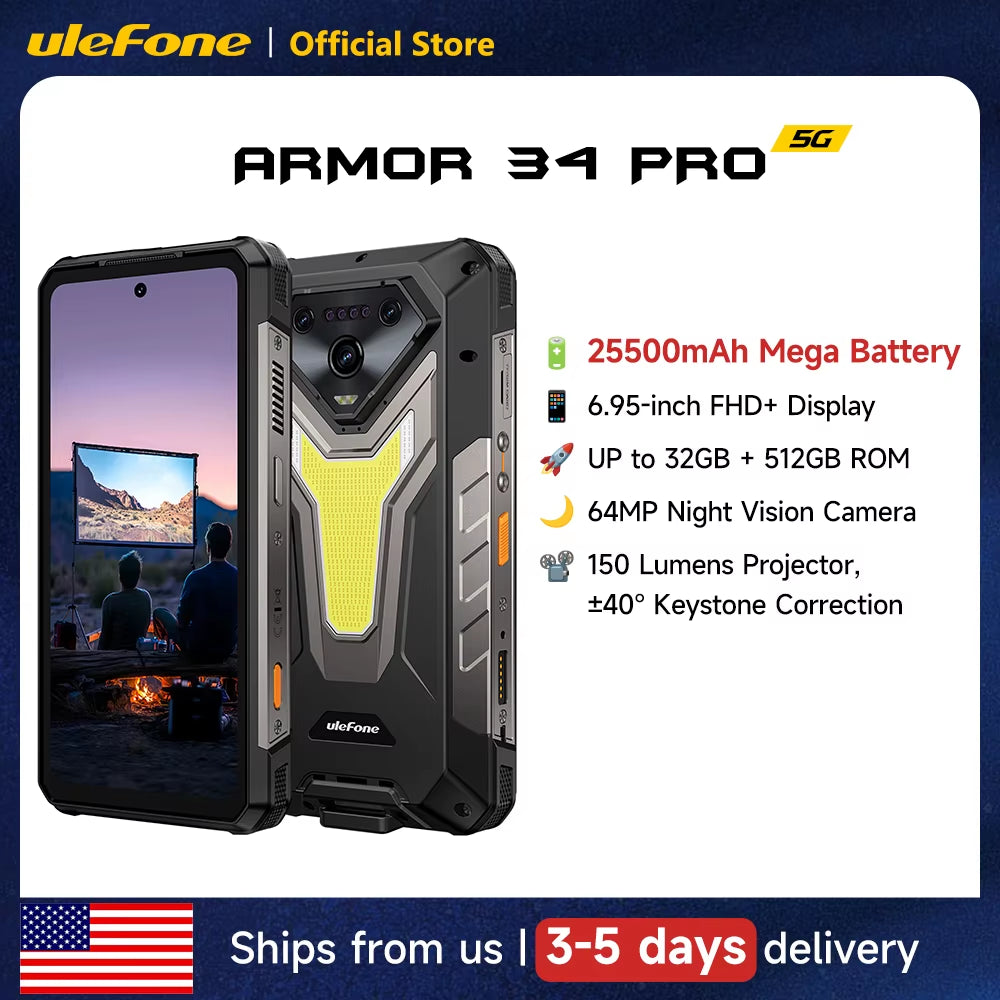 Armor 34 Pro 5G AI Rugged Phone 6.95" 25500Mah up to 32GB+512GB Built-In Projector 120Hz NFC Smartphone
