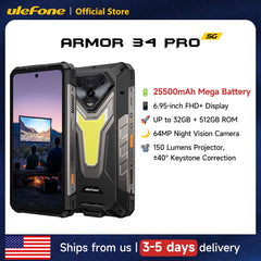 Armor 34 Pro 5G AI Rugged Phone 6.95" 25500Mah up to 32GB+512GB Built-In Projector 120Hz NFC Smartphone