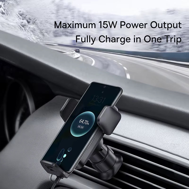 Baseus 15W Qi Wireless Car Phone Holder - Effortless Fast Charging & Auto-Clamping for iPhone and Samsung