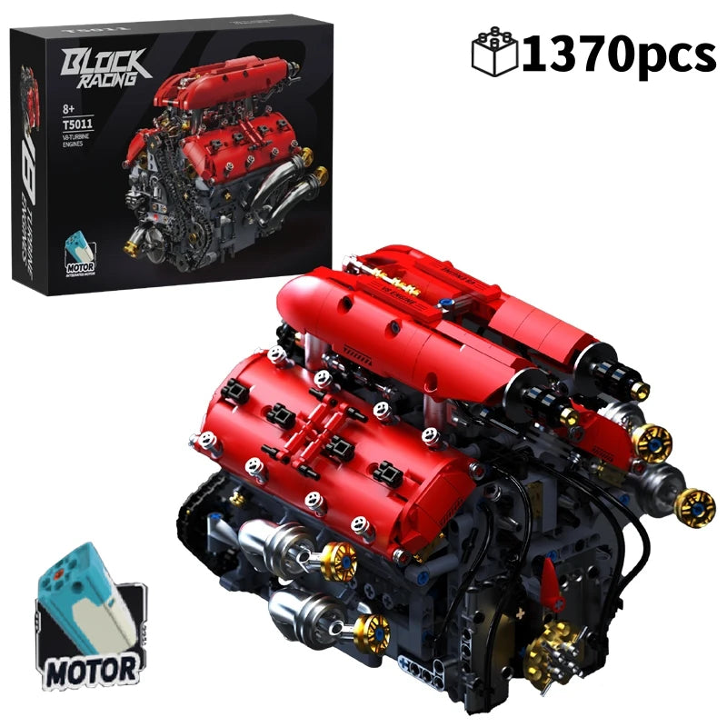 Technical V8 Engine Model Building Blocks Set with Electric Motor MOC Assembly Bricks Toy Kids Birthday Christmas Gifts 1370Pcs