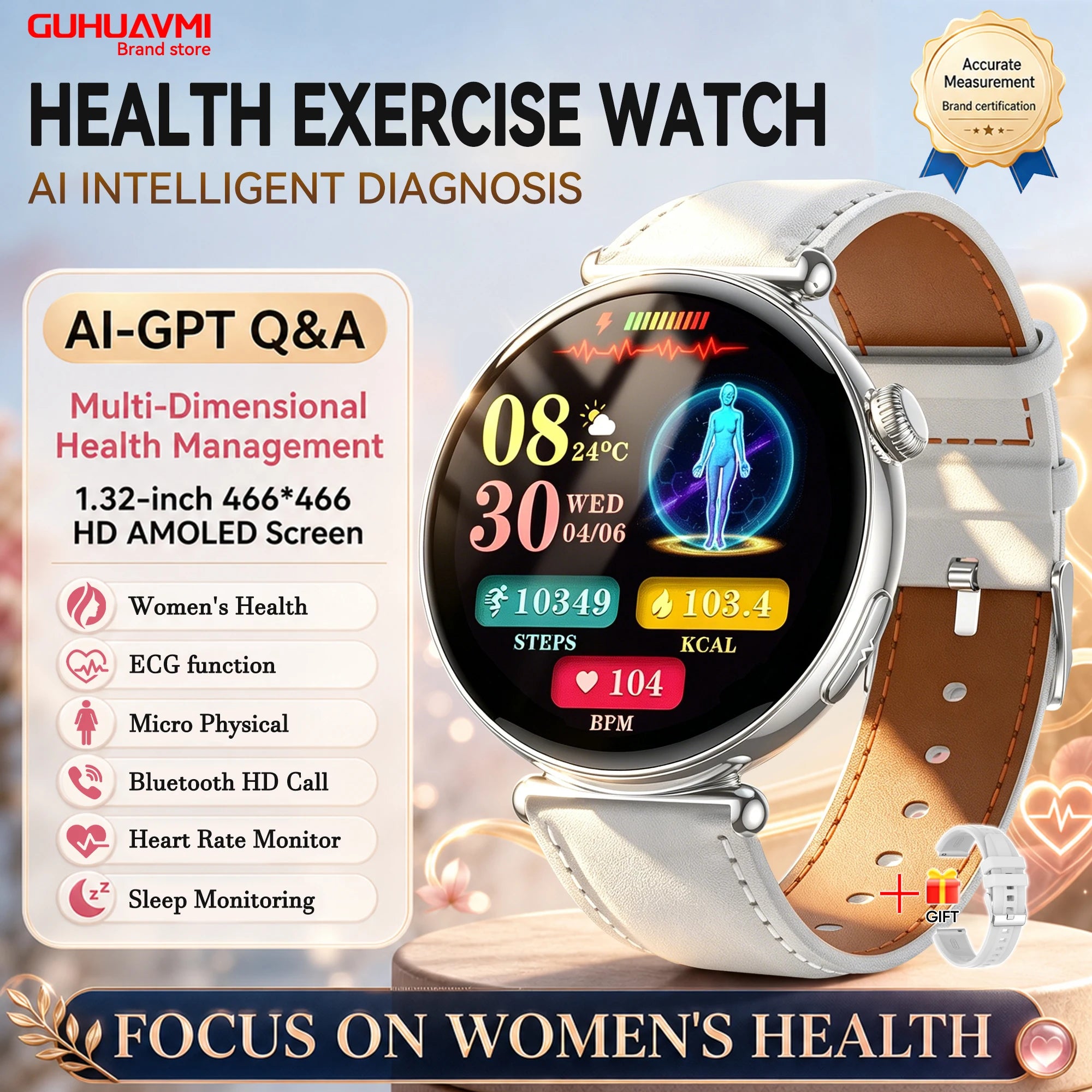 2026 New Women Health Smartwatch 1.32-Inch AMOLED Screen ECG Blood Pressure Body Fat Heart Rate Bluetooth Call Ladies Smartwatch