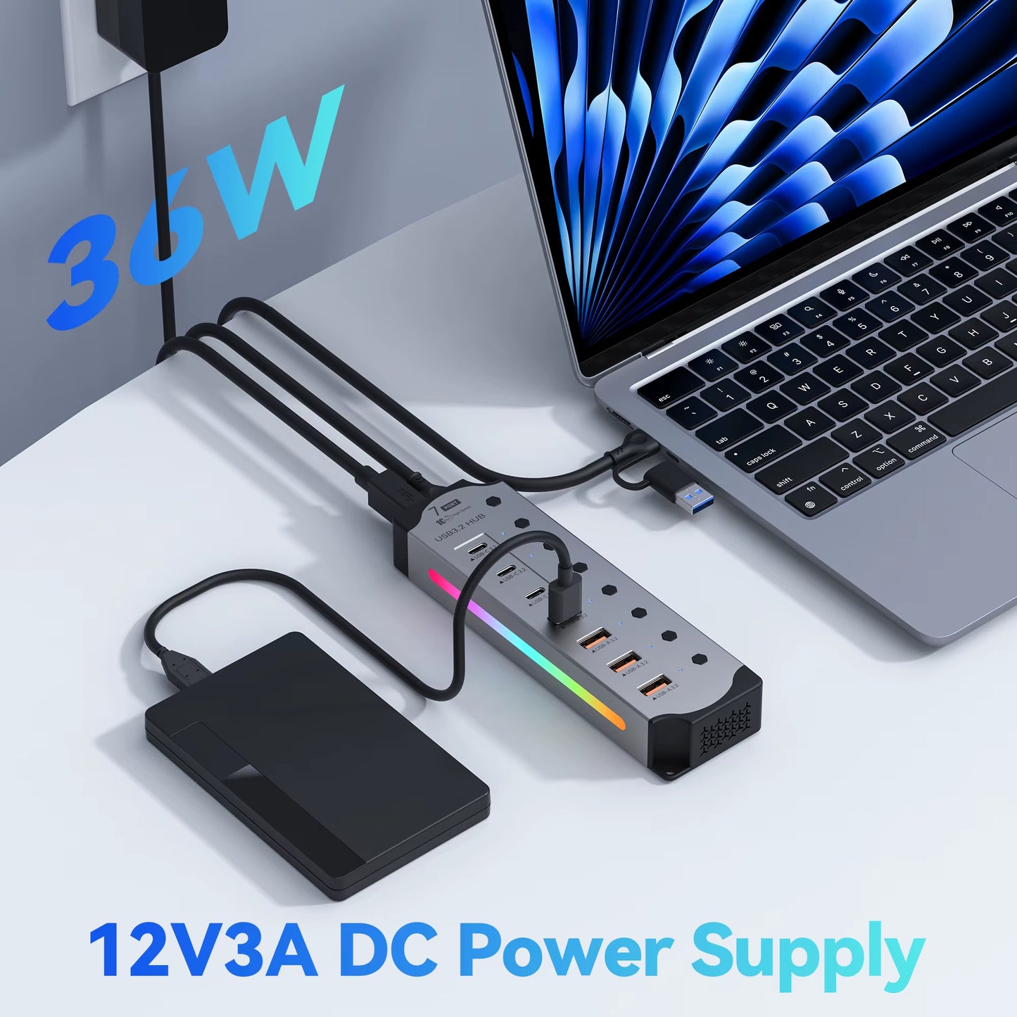 Aluminum Powered USB Hub 10Gbps USB-A USB-C 3.2 7Ports USB C Hub Individual On/Off Switches 12V Power Adapter for Laptop PC