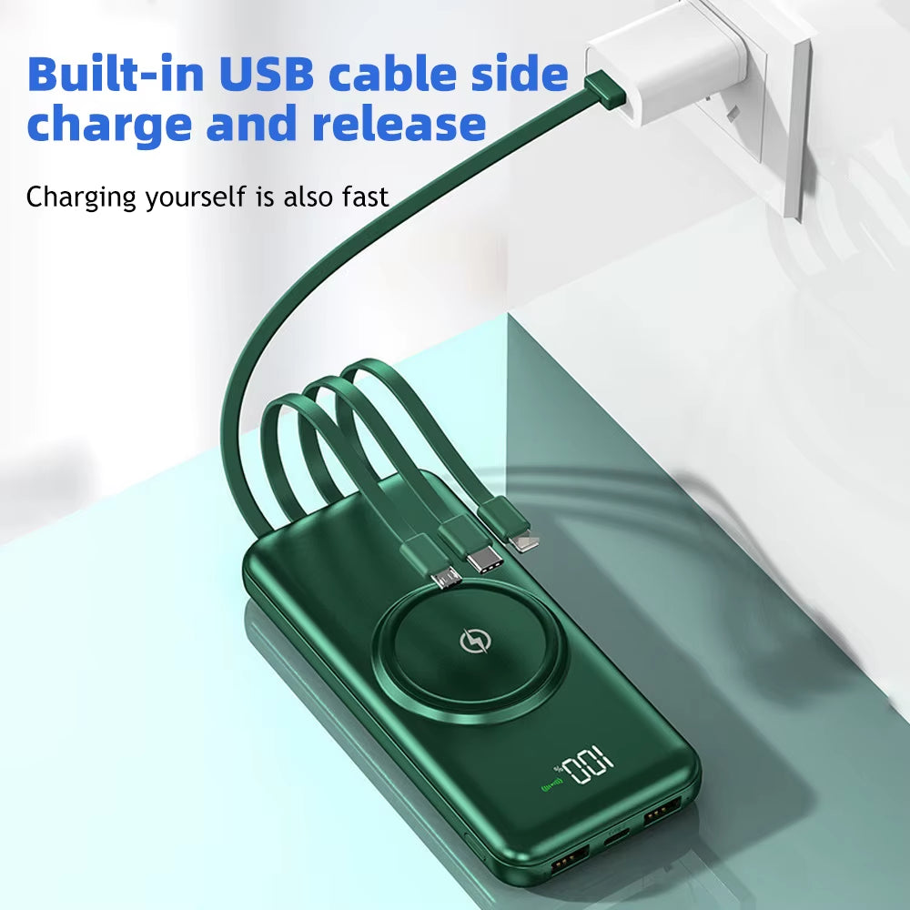 20000Mah Wireless Power Bank Fast Charging Built-In Quad Power Cable Mobile Phone Charger for Iphone 13 14 15 Xiaomi Samsung
