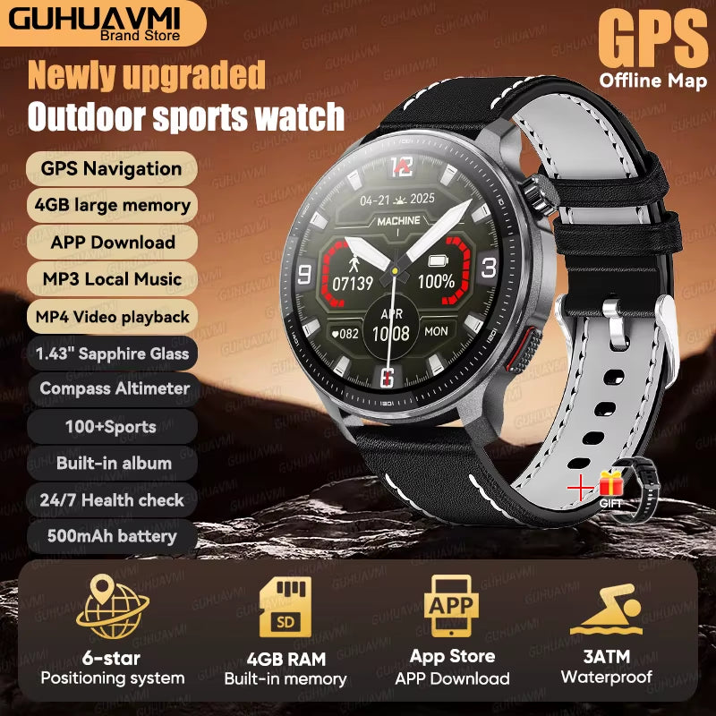 2026 New Military T-Rex3 GPS Map Navigation Smart Watch 4GB RAM Compass 1.43-Inch AMOLED Screen 3ATM Call Sports Smartwatch Men