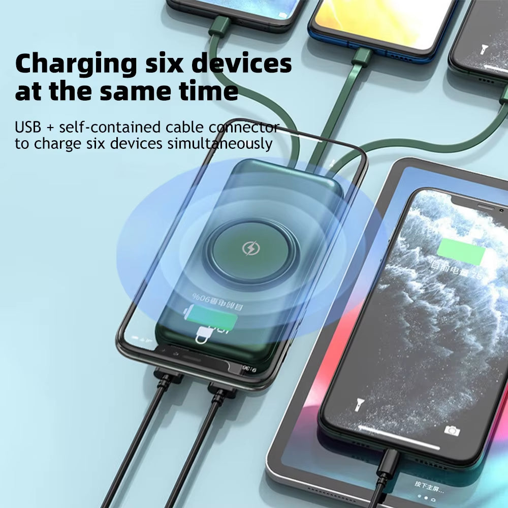 20000Mah Wireless Power Bank Fast Charging Built-In Quad Power Cable Mobile Phone Charger for Iphone 13 14 15 Xiaomi Samsung