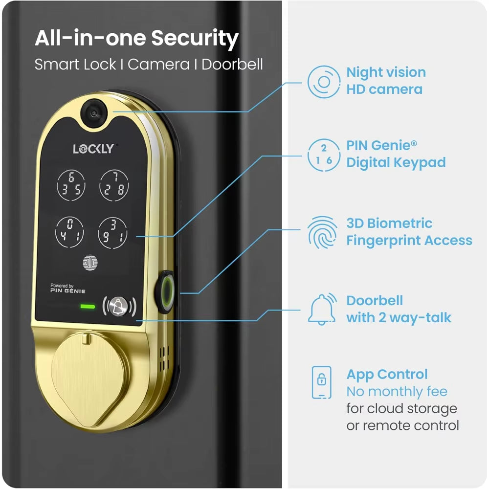 Vision Smart Lock, HD Video Doorbell Smart Locks for Front Door, Fingerprint Door Lock, Touchscreen Keypad, App Control, No Mon
