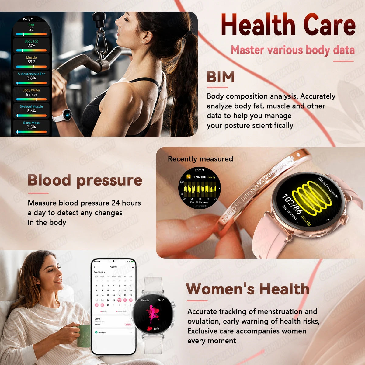 2026 New Women Health Smartwatch 1.32-Inch AMOLED Screen ECG Blood Pressure Body Fat Heart Rate Bluetooth Call Ladies Smartwatch