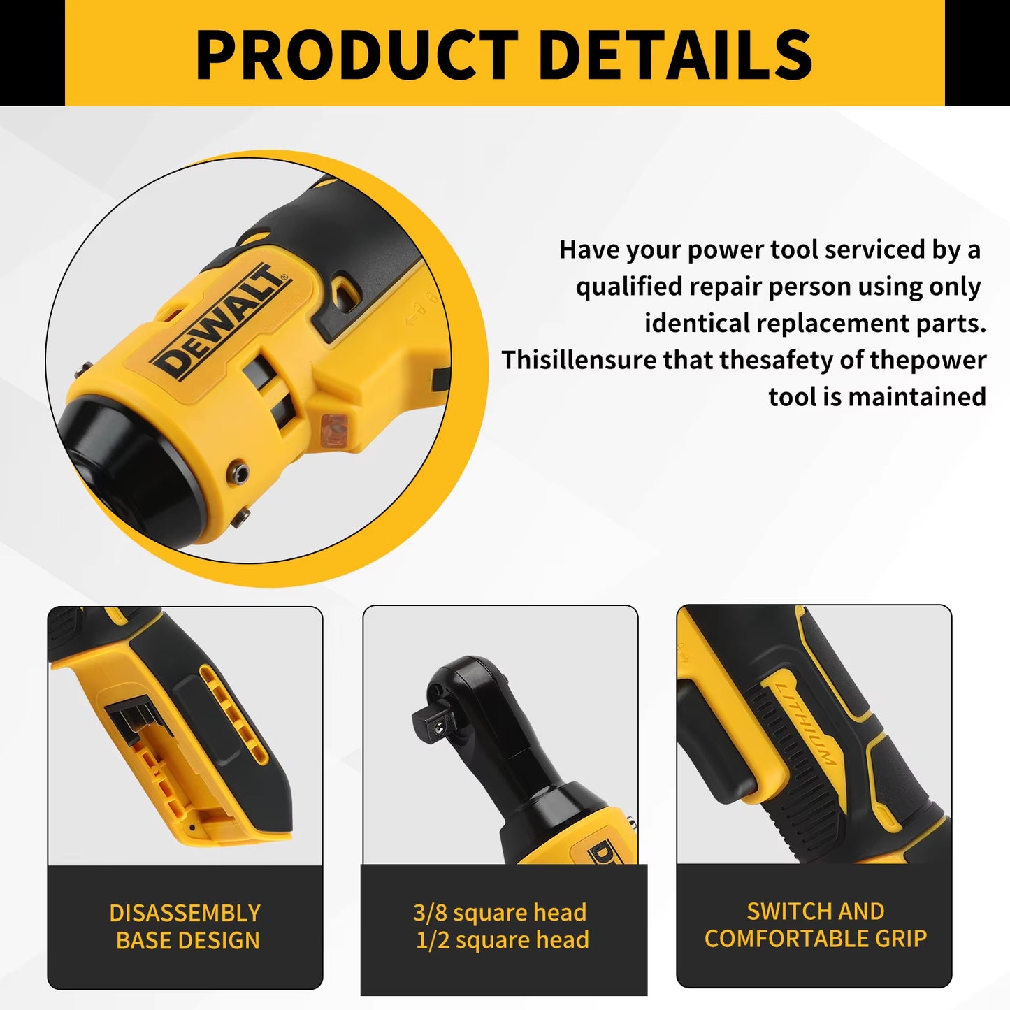 DCF513 20V Brushless Cordless Ratchet Wrench 3/8"-1/2" Quick Release Variable Speed for Fastening Power Tool
