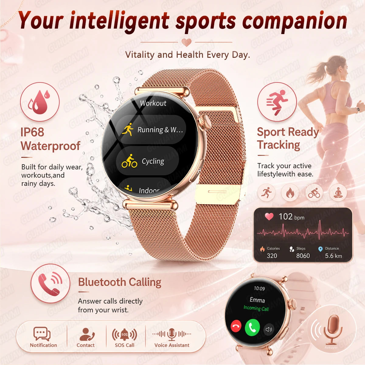 2026 New Women Health Smartwatch 1.32-Inch AMOLED Screen ECG Blood Pressure Body Fat Heart Rate Bluetooth Call Ladies Smartwatch