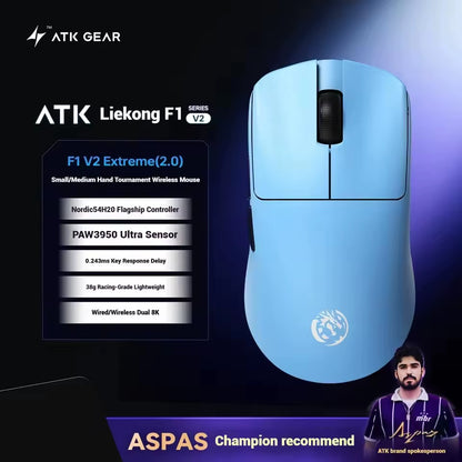 ATK Blazing Sky F1 V2 Ultra Max Wireless Gaming Mouse Dual-Mode Lightweight Paw3950Ultra Dual 8K Low Latency Ergonomic Extreme