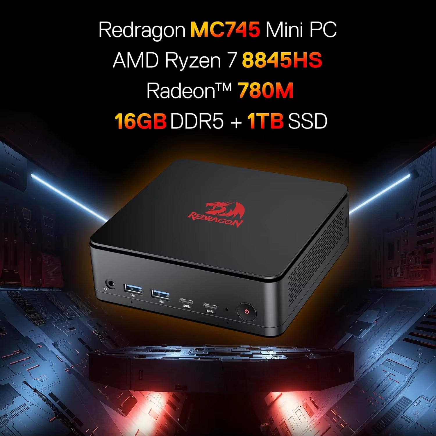 Redragon MPC745 Mini PC AI NPU  Ryzen 7 8845HS Processor(Max 5.1 Ghz), Mini Desktop Computer ,Radeon 780M Graphics & 16GB DDR