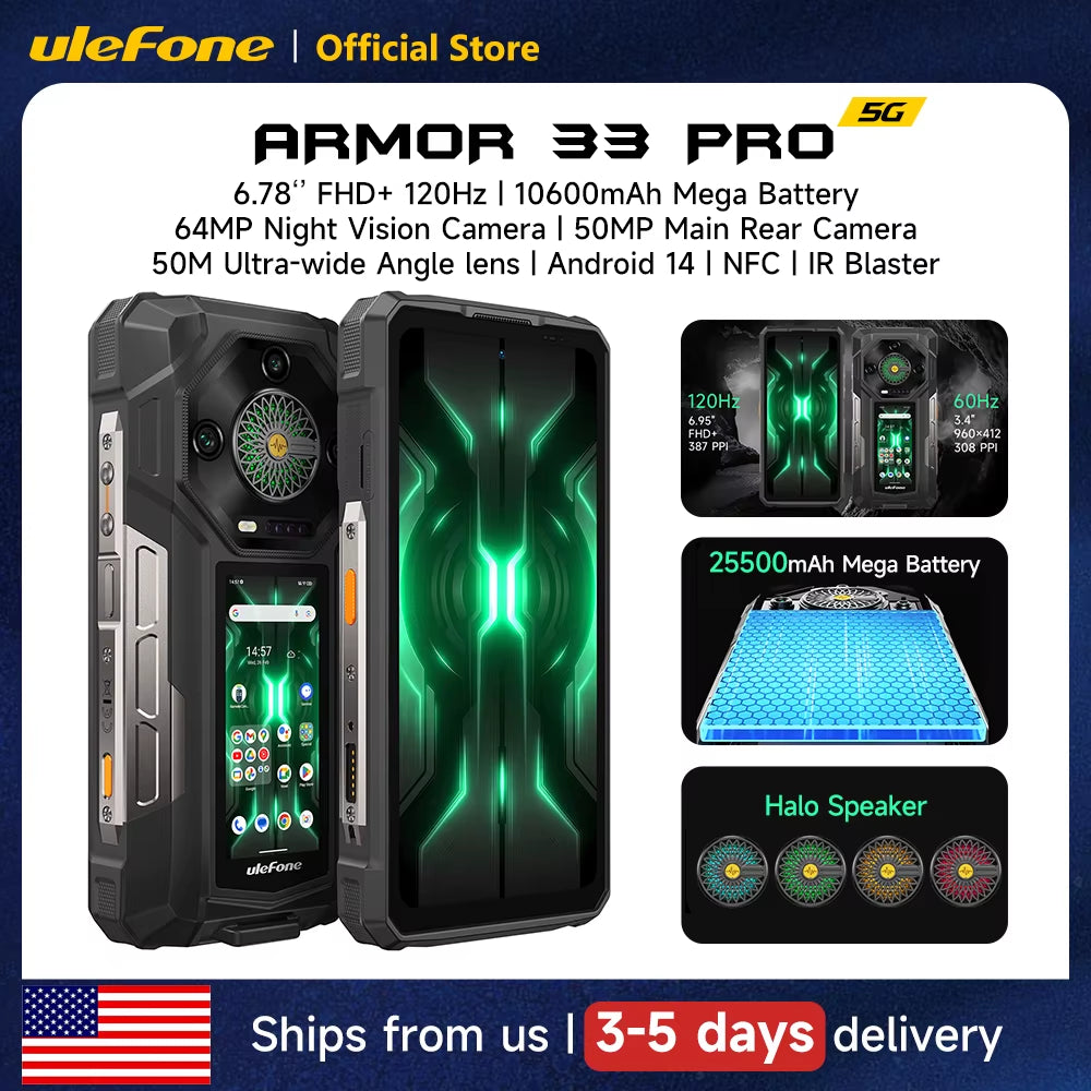 Armor 33 Pro 5G Rugged Phone 25500 Mah 512GB ROM 120Hz 6.59”3.4" Rear Screen NFC Android Smartphone